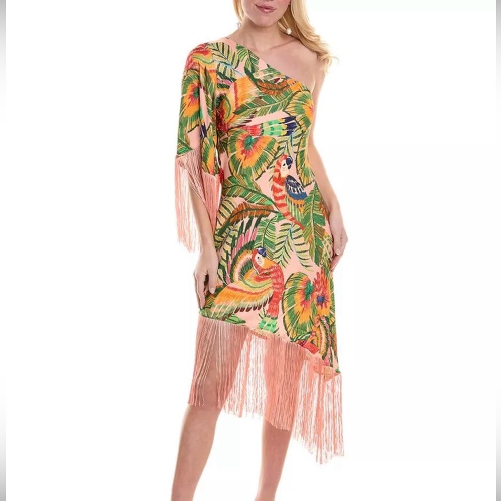 Farm Rio One-Shoulder Fringe Midi Dress